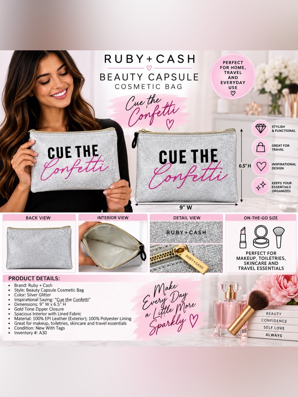 RUBY + CASH CUE THE CONFETTI COSMETIC BAG – SILVER GLITTER (NEW WITH TAGS) A30